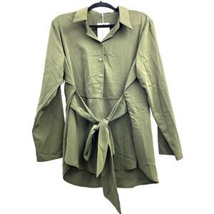 Bloomchic Collared Button Down Long Sleeve Shirt with Belt Olive 14-16 1X NWT